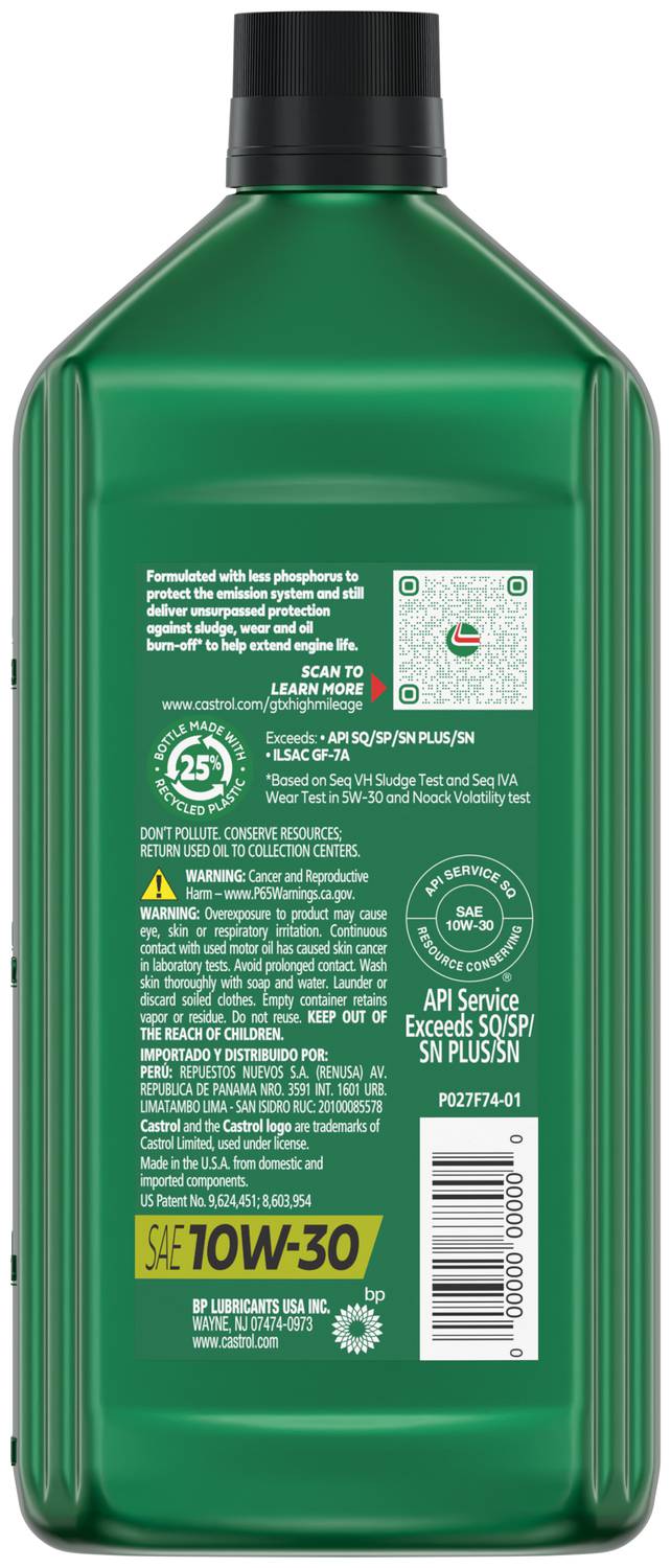 Castrol GTX High Mileage Synthetic Blend Motor Oil 10W-30 1 Quart