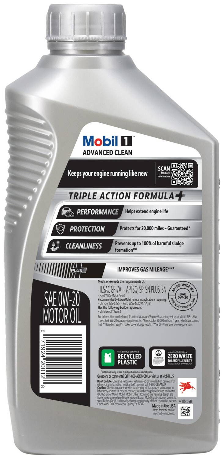 Mobil 1 Advanced Clean Synthetic Motor Oil 0W-20 1 Quart 1020CLN