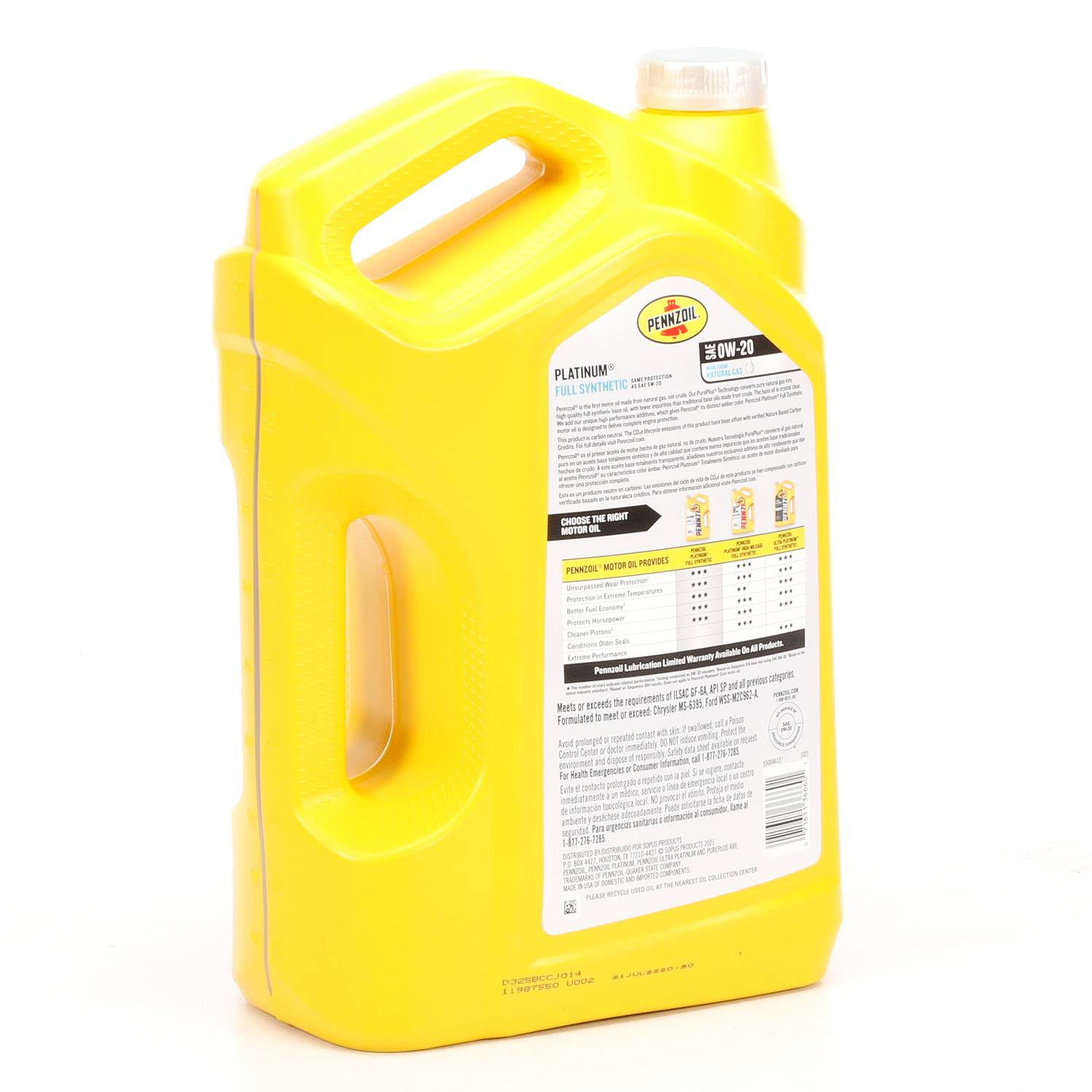 Pennzoil Platinum Full Synthetic Motor Oil 0W-20 5 Quart SYN0205QT