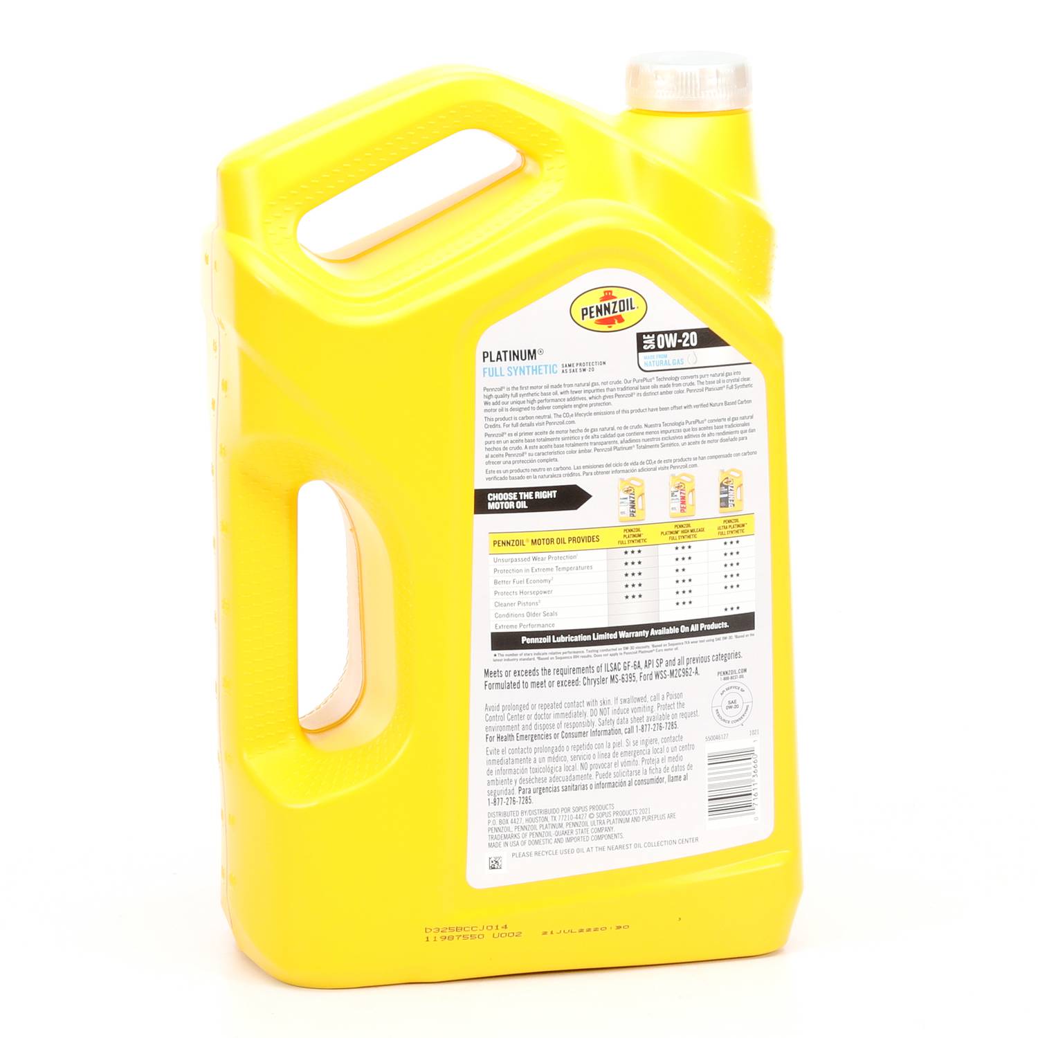 Pennzoil Platinum Full Synthetic Motor Oil 0W-20 5 Quart SYN0205QT
