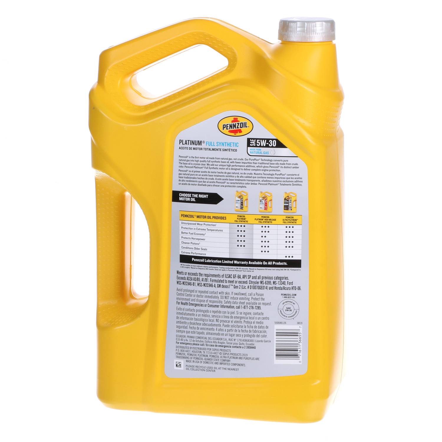 Pennzoil Platinum Full Synthetic Motor Oil 5W-30 5 Quart SYN5305QT