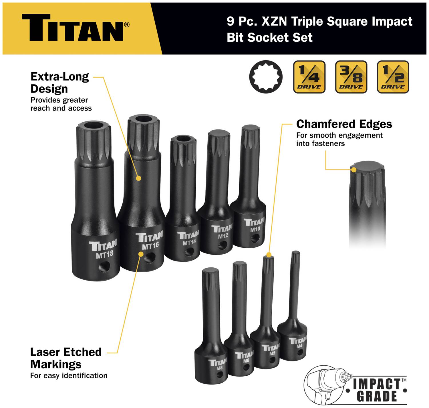 Titan 1/4, 3/8, 1/2 Inch XZN Bit Socket 1/4, 3/8, 1/2 Inch Drive Titan 1/4, 3/8, 1/2 Inch XZN Bit Socket 1/4, 3/8, 1/2 Inch Drive