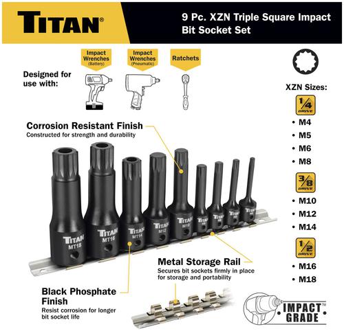 Titan 9 Piece 1/4, 3/8, 1/2 Inch Drive Standard XZN XZN Bit Socket