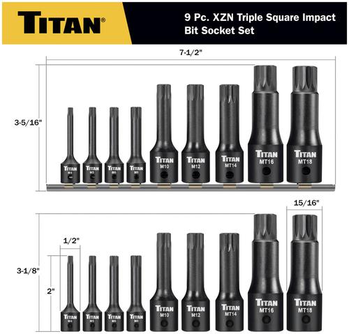 Titan 9 Piece 1/4, 3/8, 1/2 Inch Drive Standard XZN XZN Bit Socket